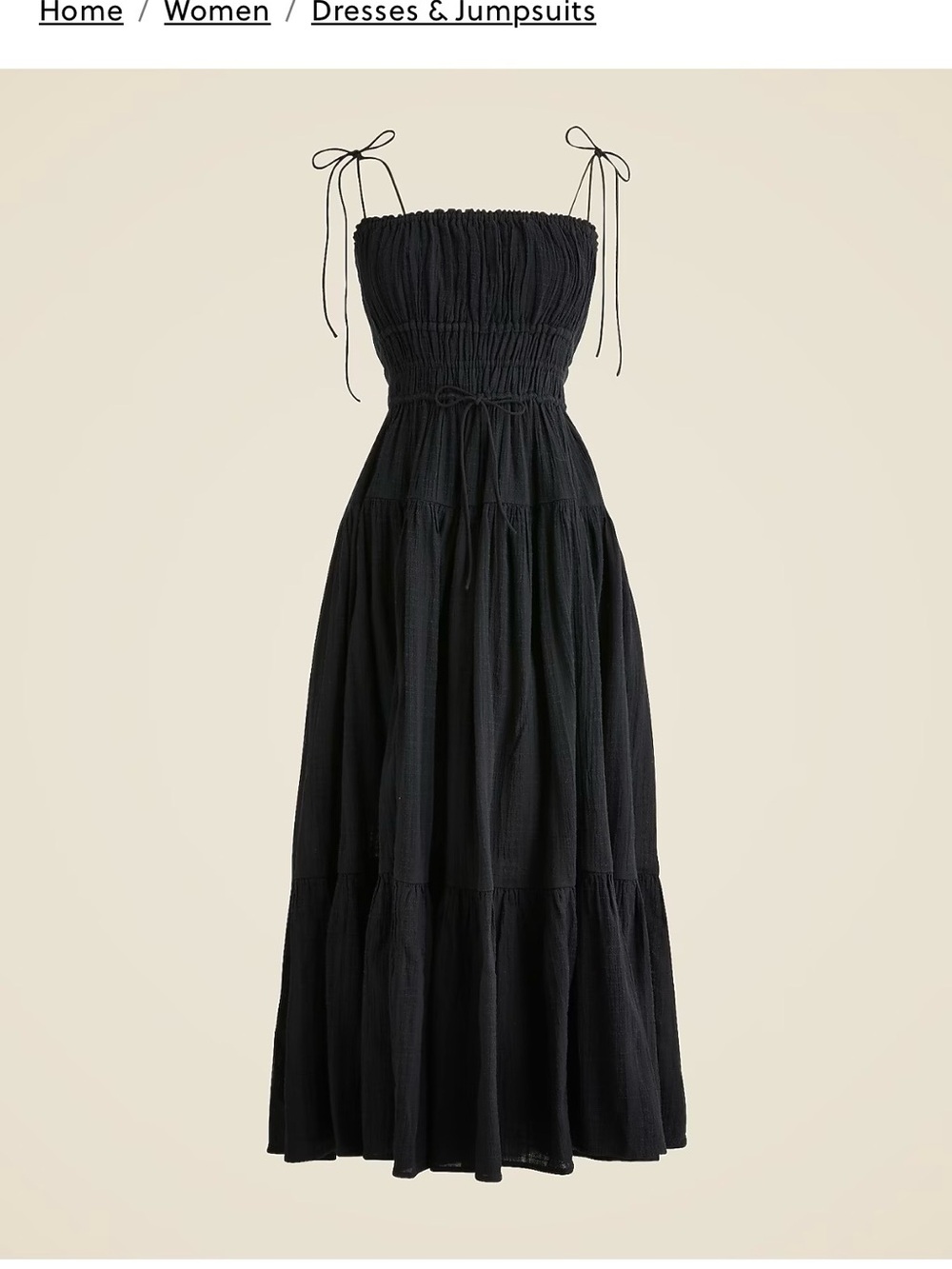 J. Crew Black Smocked Midi Dress with Tie Straps